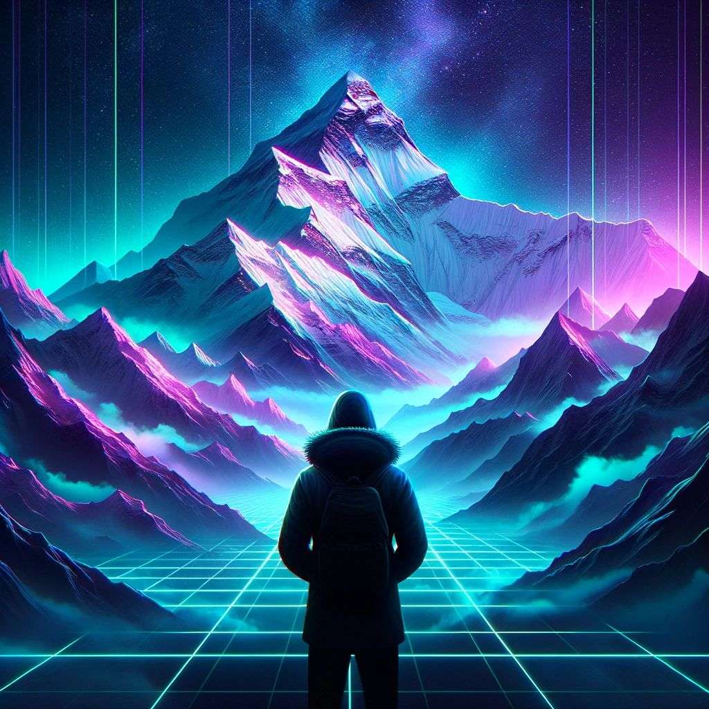 someone gazing at Mount Everest, digital art, synthwave